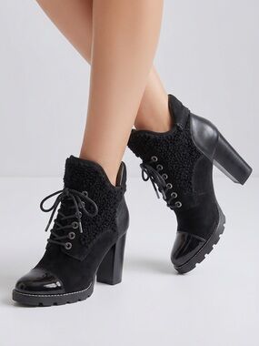 guess roxey platform heeled Y2K boots black‎ mixed leather faux sherpa size 6.5
